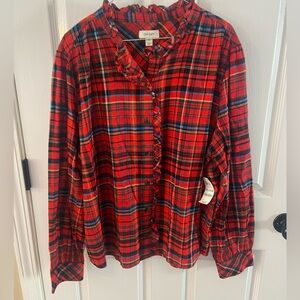 Women's button down blouse flannel ruffle around neck and front XXL NWT